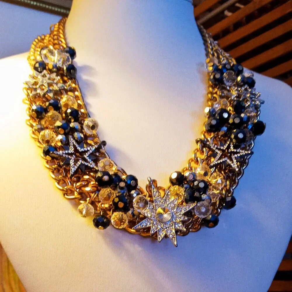 ⭐️HOST PICK! Stunning Starburst Statement Chunky Necklace Black Gold Silver Glam - Picture 9 of 15
